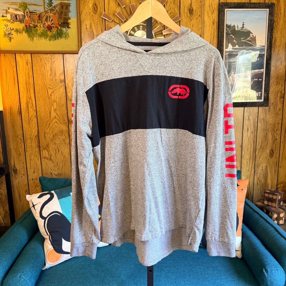 Vintage 90s Ecko Unlimited Gray Hoodie with Black and Red Details